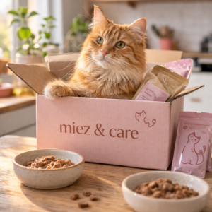orangene Katze sitzt in "miez & care"-Box und Futter steht drumherum