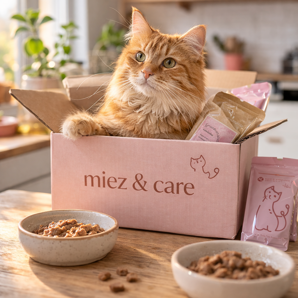 orangene Katze sitzt in "miez & care"-Box und Futter steht drumherum
